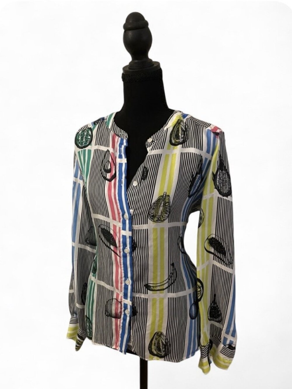 Vilagallo 100% Silk Blouse Button Down Shirt Fruit Unique Colorful Top Luxury, L
